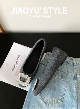 骄屿~5CM内增高玛丽珍鞋女新款水钻方扣一字带加绒通勤单鞋毛毛鞋