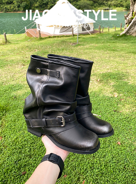 真皮~骄屿内增高短靴夏新款黑色圆头复古褶皱堆堆靴女粗跟裤管靴
