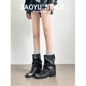 褶皱裤 真皮 骄屿西部牛仔堆堆靴女2025新款 管短靴擦色复古骑士靴