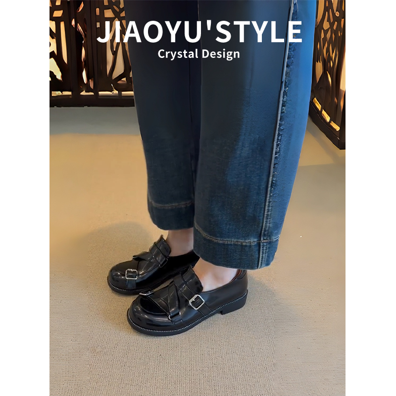 真皮~骄屿 皮带扣厚底小皮鞋女2026新款粗跟单鞋英伦风平底乐福鞋