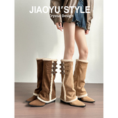 真皮 保暖尖头皮带扣长筒靴 厚底加绒棉鞋 骄屿雪地靴2025新款 冬季