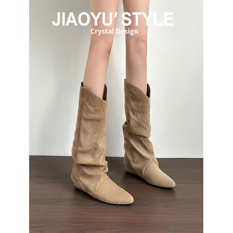 羊皮版~骄屿复古绒面尖头不过膝长靴女2025秋冬褶皱堆堆靴骑士靴