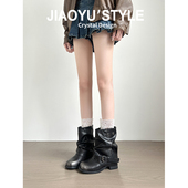 管靴西部马丁靴 黑色废土风短筒裤 羊皮 骄屿褶皱堆堆靴女2025新款