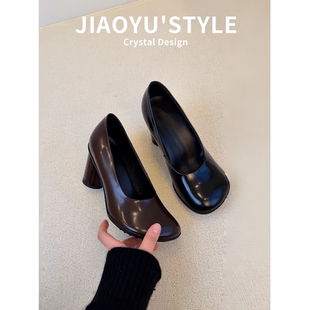 真皮~骄屿法式通勤乖乖头高跟鞋2026春秋浅口玛丽珍鞋极简风单鞋