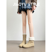 牛皮 骄屿复古圆头雪地靴加绒保暖毛毛棉靴两穿平底棕色勃肯短靴