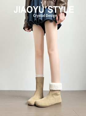 牛皮~骄屿复古圆头雪地靴加绒保暖毛毛棉靴两穿平底棕色勃肯短靴