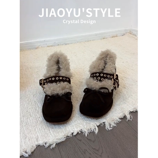 真皮~骄屿法式复古加绒保暖玛丽珍2025新款冬季粗高跟单鞋毛毛鞋