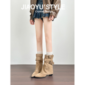 筒靴2025秋冬新款 真皮 骄屿皮带扣尖头裤 高跟短靴复古显瘦马丁靴