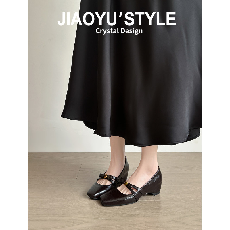 真皮~骄屿山茶花高跟鞋方头玛丽珍鞋2026新款黑色通勤小皮鞋单鞋