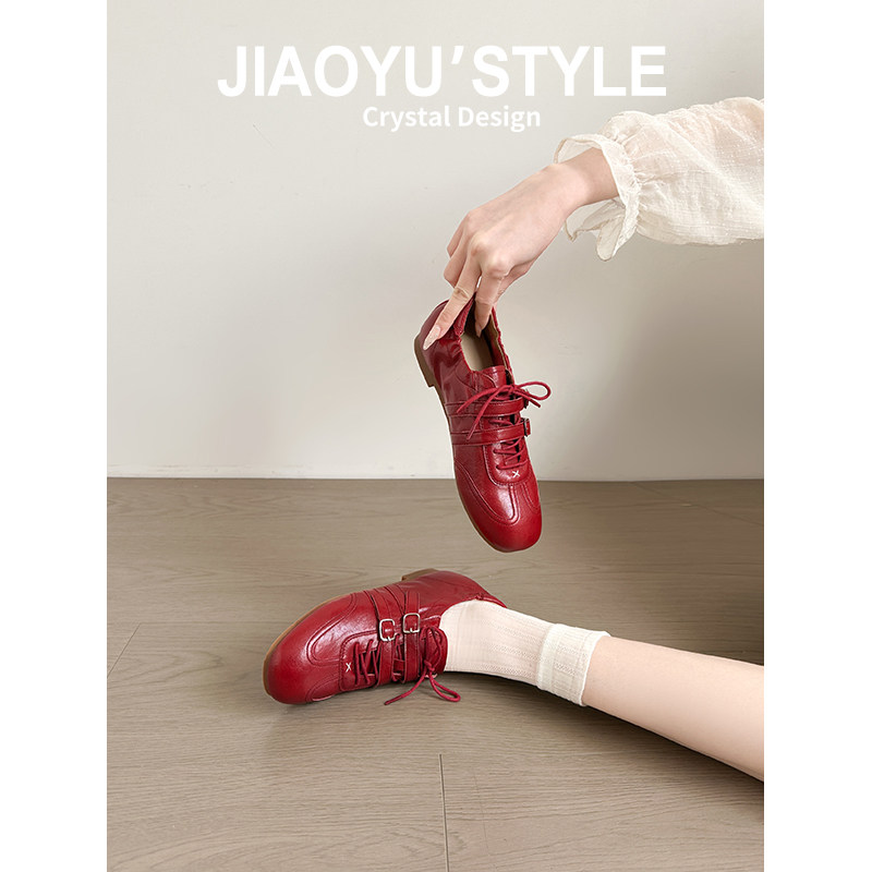 真皮~骄屿内增高红色运动玛丽珍鞋2026春新款系带休闲芭蕾德训鞋