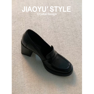 黑色简约一脚蹬通勤玛丽珍单鞋 女复古小皮鞋 骄屿高跟乐福鞋 真皮