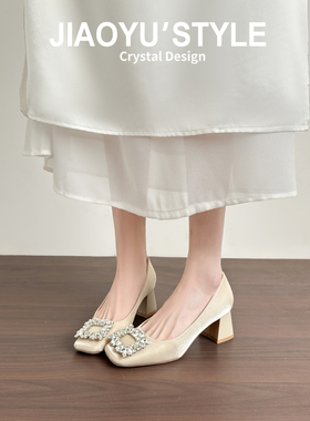 真皮~骄屿绝美水钻方扣玛丽珍鞋法式单鞋女配裙子绸缎浅口高跟鞋