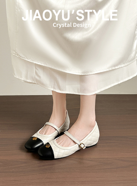 真皮~骄屿山茶花内增高玛丽珍鞋女春新款小香风菱格拼色通勤单鞋