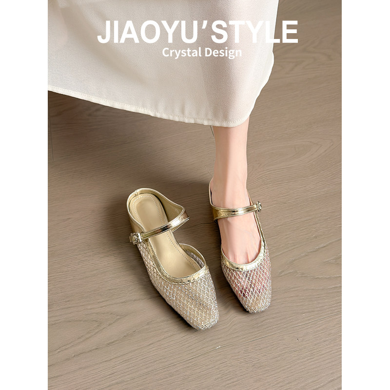 真皮骄屿法式编织镂空包头半拖鞋女2026新款夏外穿凉鞋方头凉拖鞋