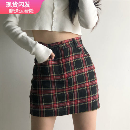 bm半身裙复古格子红黑灰色