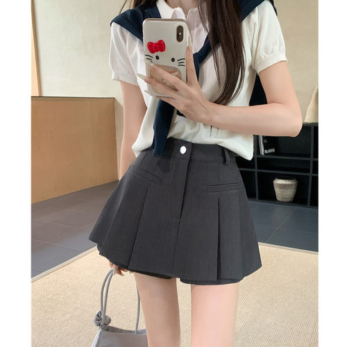 高级感灰色西装百褶短裙防走光