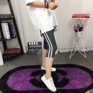 弹力修身 外穿双条纹女生打底裤 七分裤 运动休闲裤 夏季 学生裤 薄款