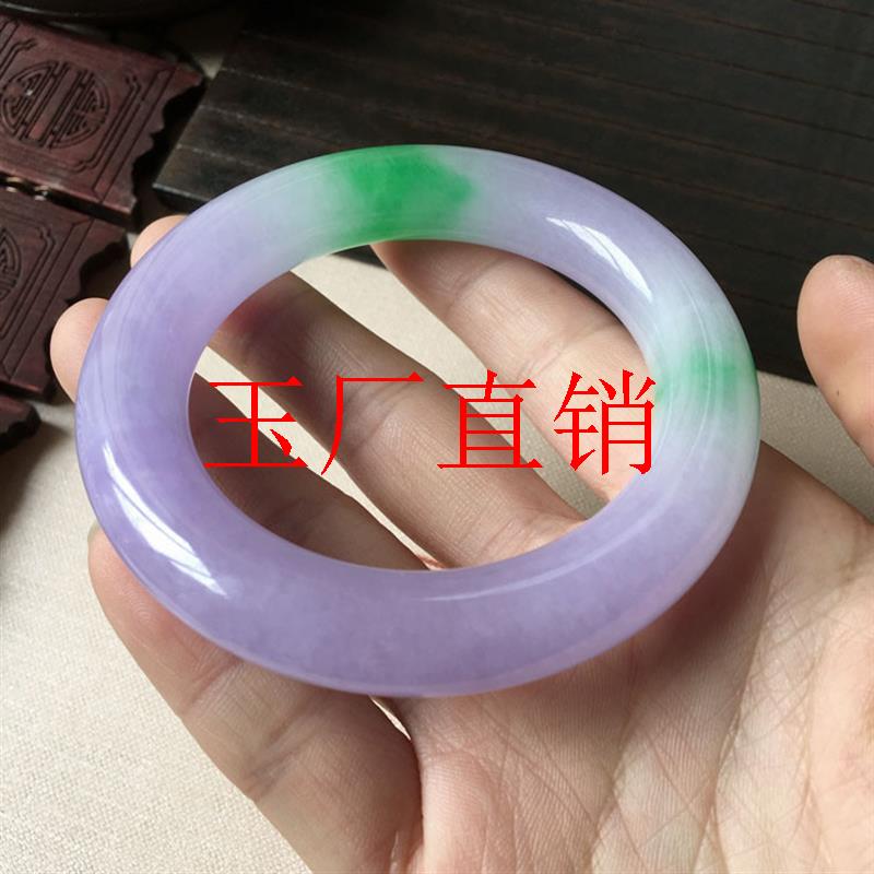 缅甸冰糯种春彩翡翠色圆条玉镯子