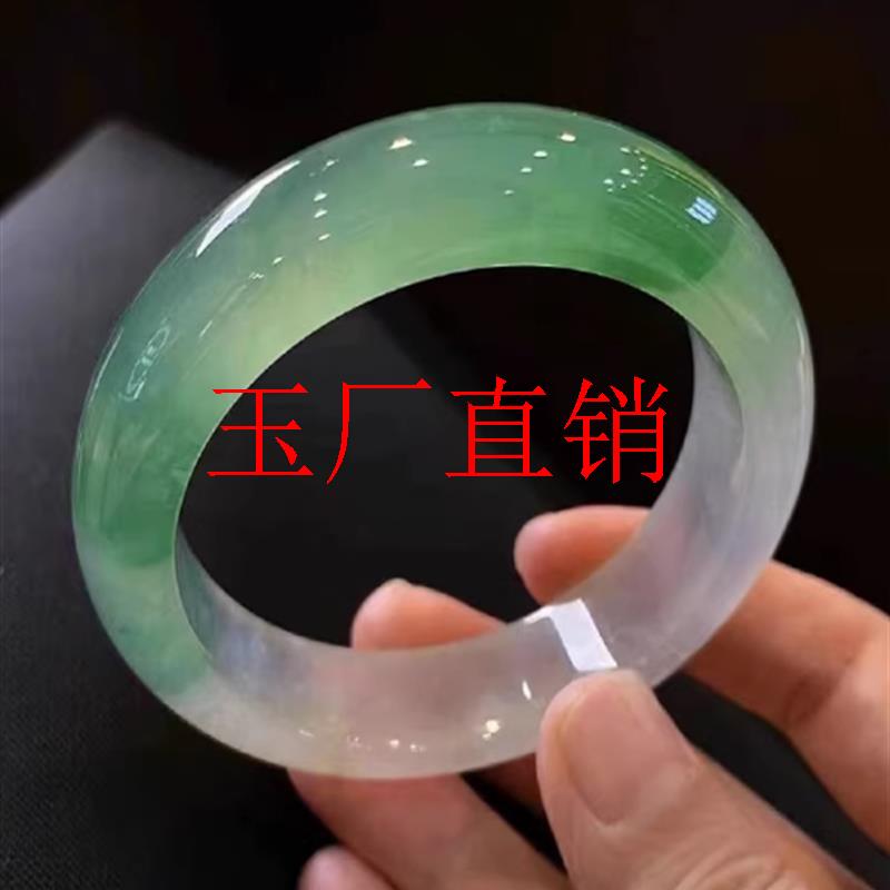 缅甸翡翠色手镯高冰透飘阳绿晴水底浅绿玉石镯子半山水湖水绿女镯