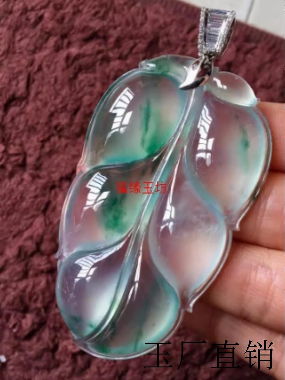 高端翡翠色项链女款冰种飘花树叶绿叶小吊坠银镶嵌缅甸玉石坠项链