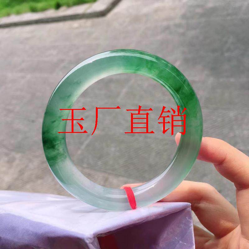 缅甸老坑玉石冰种飘花翡翠色手镯冰透细圆条飘阳绿玉手镯国风女款
