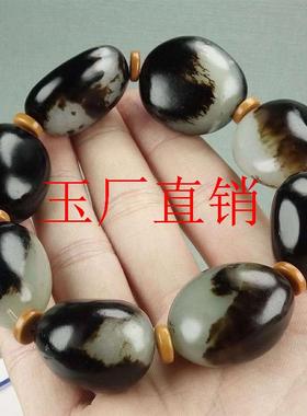 新疆和田玉黑皮白肉籽料青花玉手链带隔珠原皮男女款青花随形手串