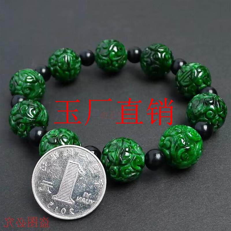 缅甸翡翠色老坑辣绿复古雕刻圆珠路路通玉石手链男女情侣款手串珠