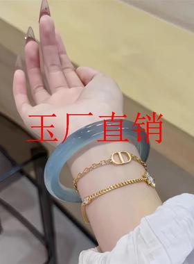 库里蓝高冰种玉髓玛瑙手镯冷清少女感冰透马料正圈玉镯新中式镯子