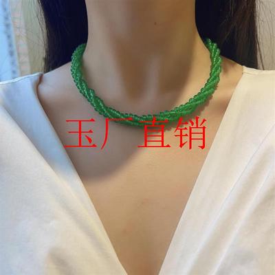 冰种翡翠色绿玉髓小米珠扭扭链阳绿色项链圆珠子麻花链玛瑙新中式