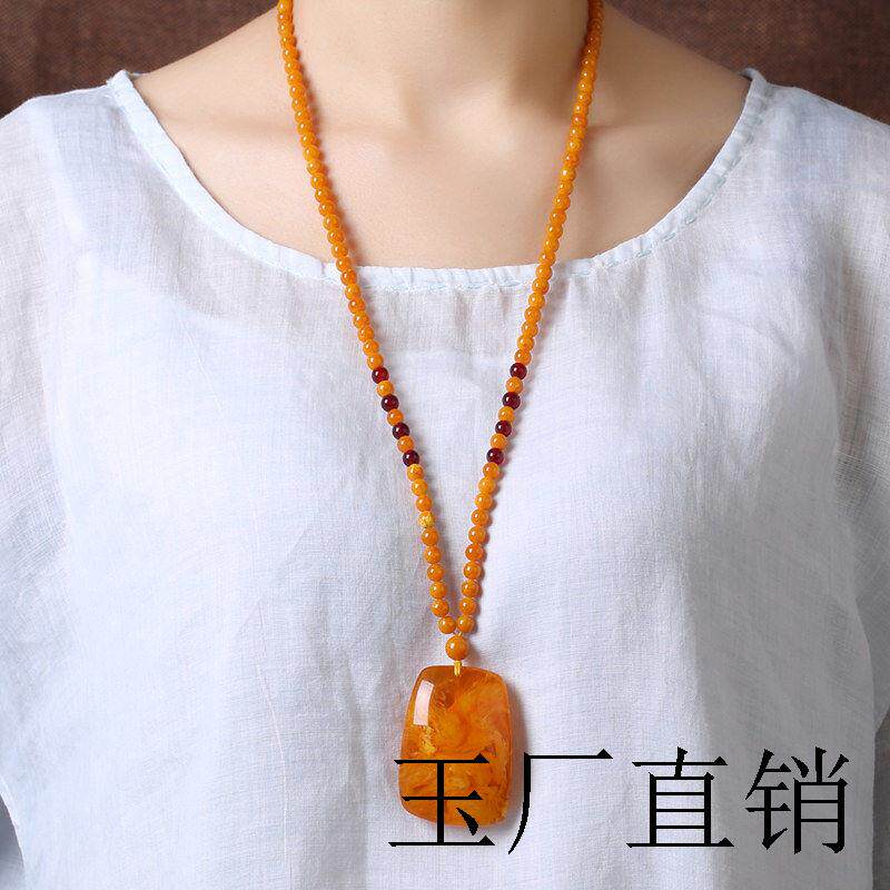 琥珀老蜜蜡吊坠少女款项链长款秋冬水滴项链男款鸡油黄无事牌挂坠