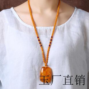 琥珀老蜜蜡吊坠少女款项链长款秋冬水滴项链男款鸡油黄无事牌挂坠