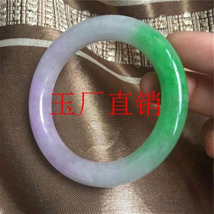 缅甸冰糯种翡翠色手镯阳绿色圆条复古紫罗兰玉镯子女款春带彩手环