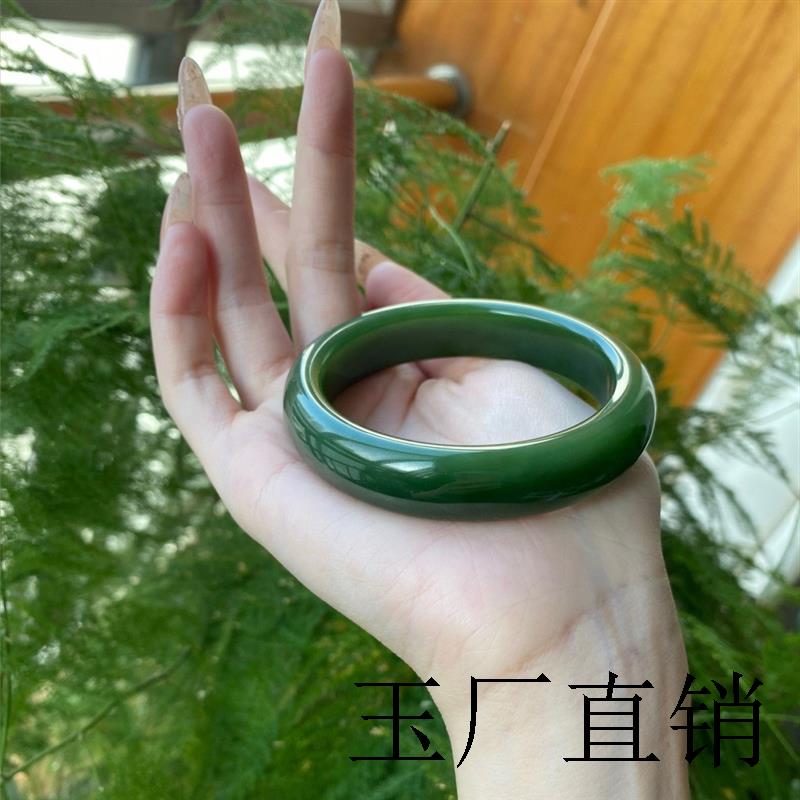 新疆和田玉碧玉手镯女款扁条宽菠菜绿高端精选翡翠冰底真玉石镯子