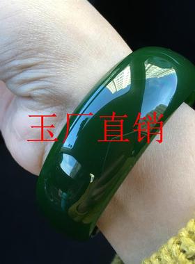 俄罗斯碧玉新坑料和田玉碧玉宽版轮胎手镯加厚菠菜绿高级感玉镯子