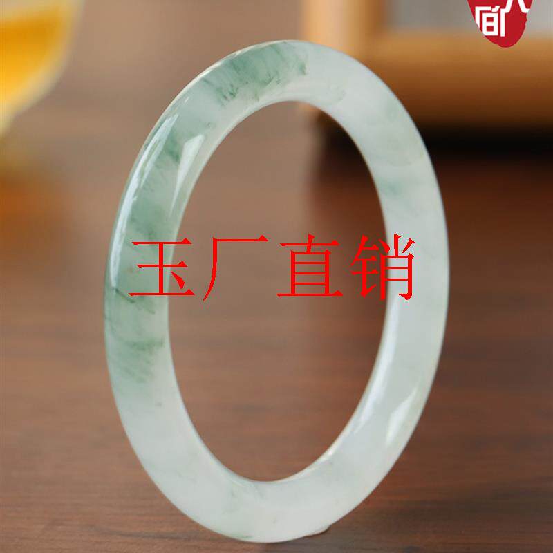 精选新疆金丝玉手镯雪翠色细圆条微冰透时尚飘花玉石镯子国风女款