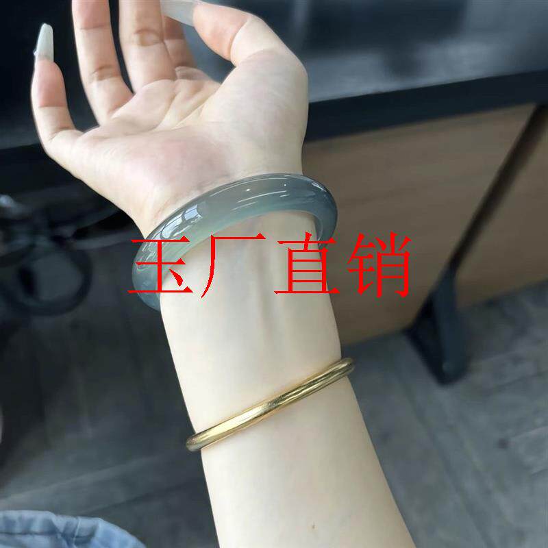 库里蓝高冰种玉髓玛瑙手镯马料正圈晴水玉镯远山黛精选首饰品送礼