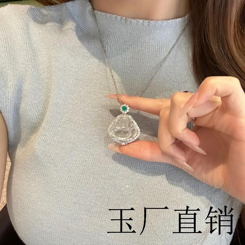 缅甸翡翠色冰种佛公吊坠玻璃种镶嵌弥勒佛毛衣链项链颈饰挂件高冰