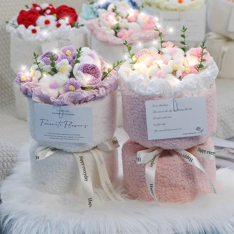 浪漫小香风兔子花束成品手工编织花坛/花箱