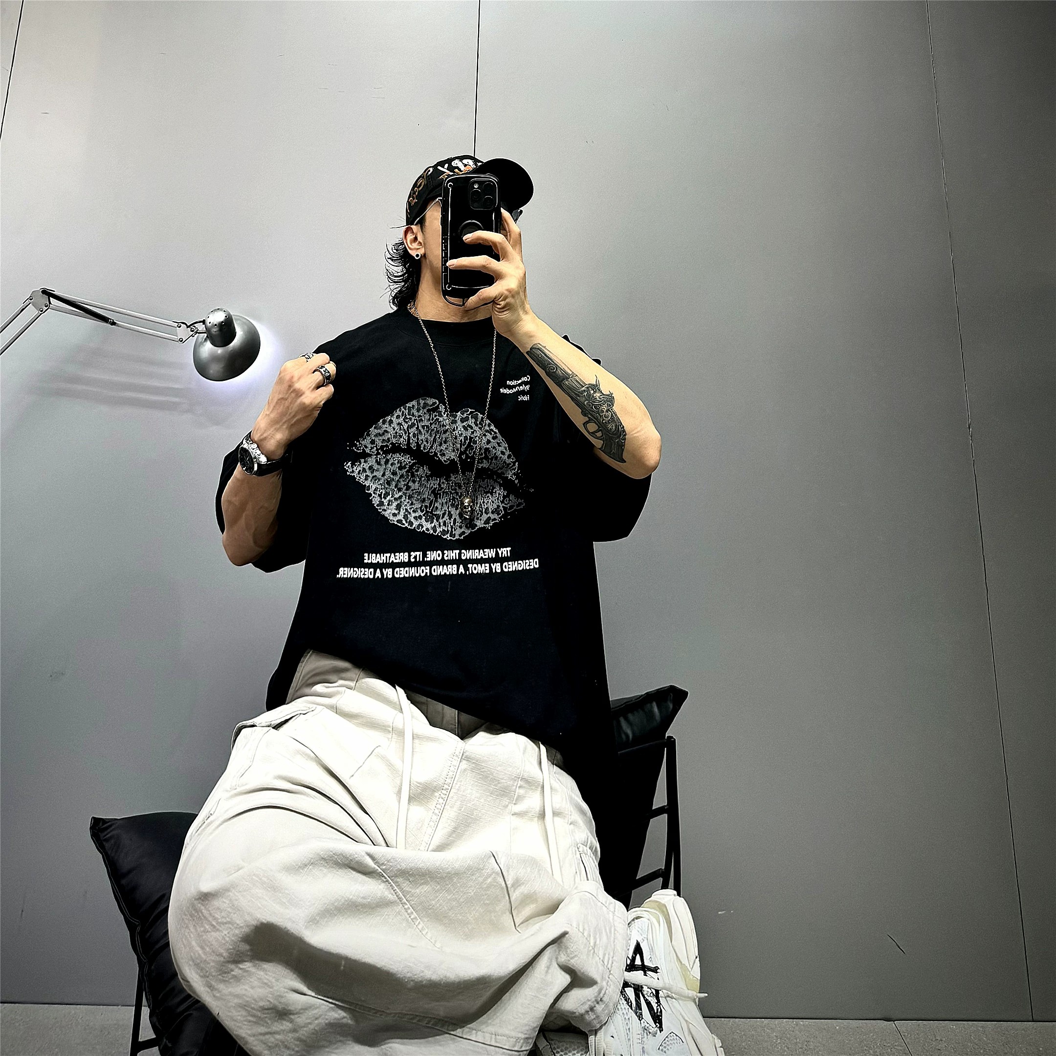 潮牌豹纹嘴唇印花短袖T恤男女宽松oversize重磅纯棉休闲潮酷上衣