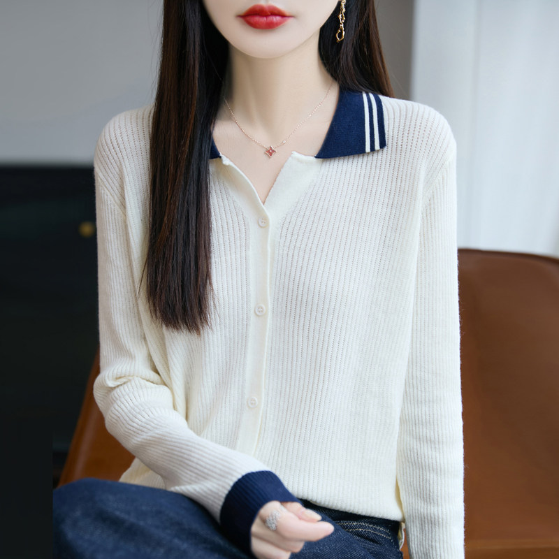 春上新POLO针织开衫衬衫毛衫韩版宽松外套拼色翻领短款长袖毛衣女