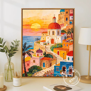 多巴胺海边落日童话小镇风景挂画治愈系客厅卧室床头成品装饰摆画