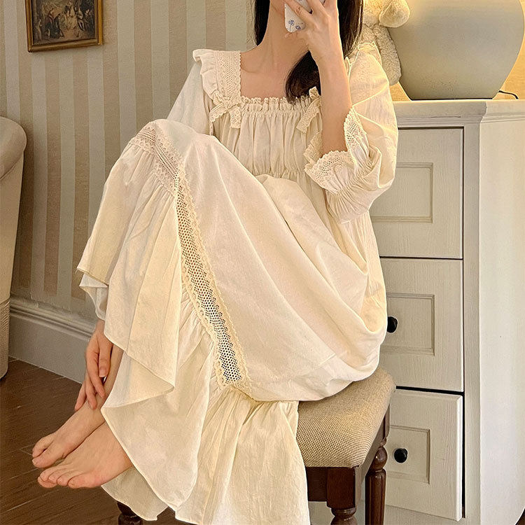 蕾丝花边公主风睡衣睡裙女士长裙宫廷风法式甜美纯棉家居服可外穿