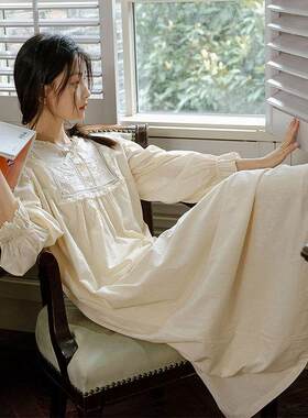 棉布睡裙长袖甜美家居服复古宫廷