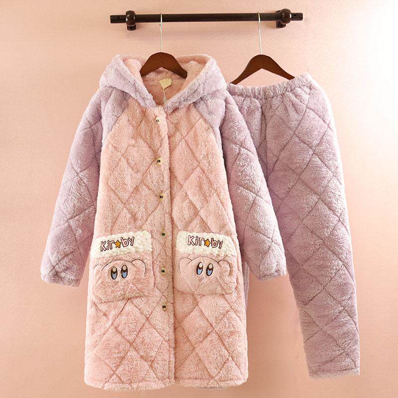 法兰绒冬季睡衣女中长款三层加厚夹棉连帽卡通可爱甜美家居服套装