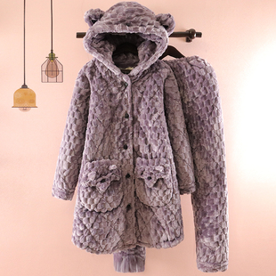 冬季加厚加绒夹棉睡衣女士中长款珊瑚绒三层保暖可外穿家居服套装