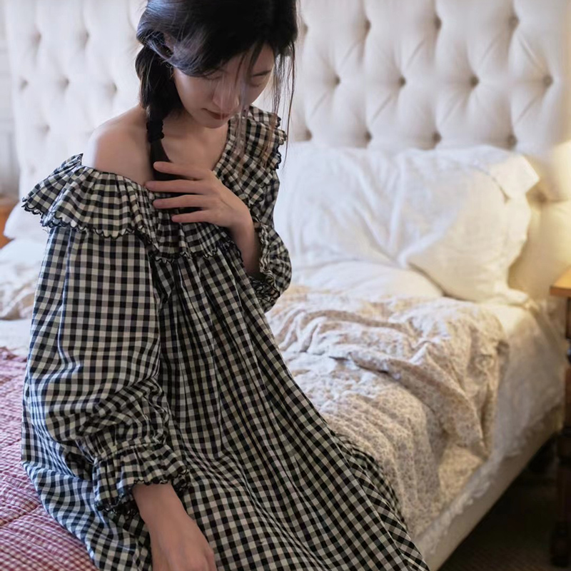 纯棉睡衣女士格子睡裙长裙复古花边洋气长袖可外穿家居服甜美简约