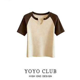 新款 时尚 设计感正肩小V领短袖 女装 百搭T恤潮 上衣大码 品牌折扣夏季
