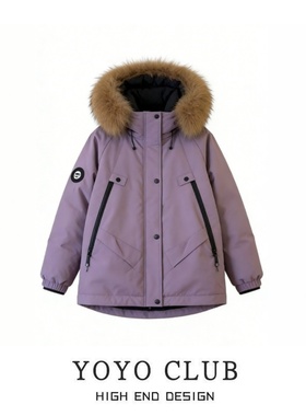 品牌折扣胖MM韩版毛领连帽棉服女冬季宽松保暖外套紫色毛领棉衣