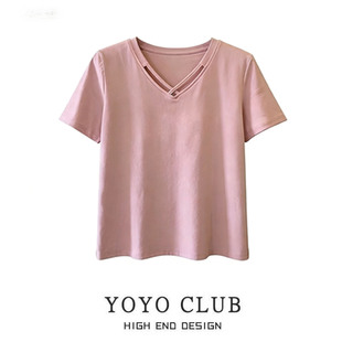 女装 t恤女大码 显瘦百搭V领上衣潮 减龄设计感短袖 品牌折扣2026夏季
