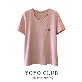 女装 品牌折扣2026夏季 大码 独特好看减龄V领短袖 显瘦百搭T恤潮 新款